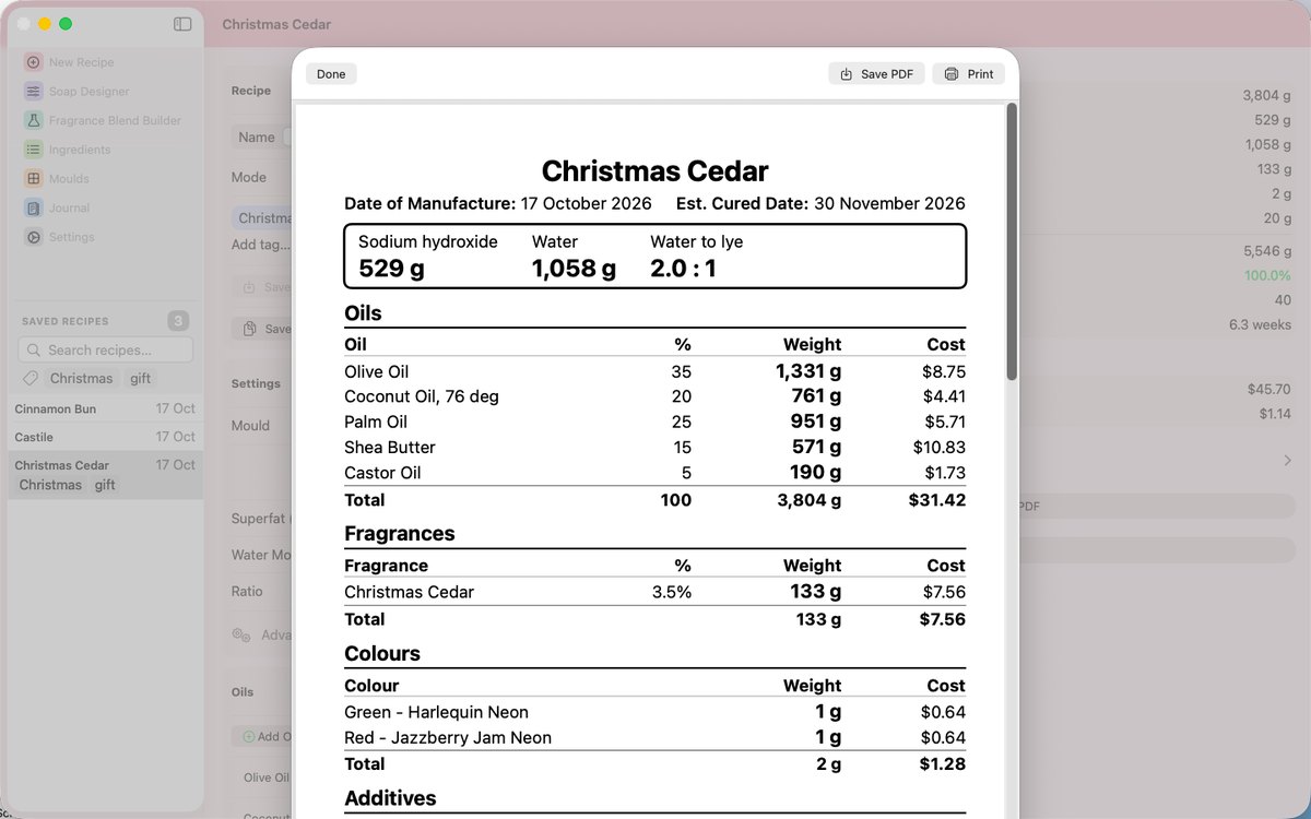 A printed recipe sheet showing the cost of every ingredient