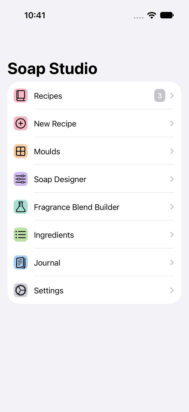 Soap Studio's menu on the iPhone