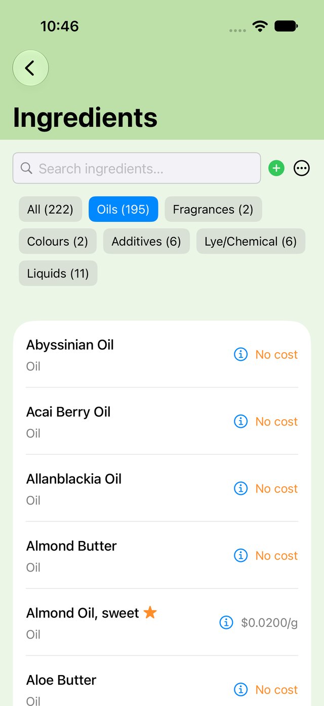 The ingredient library on the iPhone